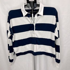Aerie Cropped Blue White Stripe Long Sleeve Rugby Polo